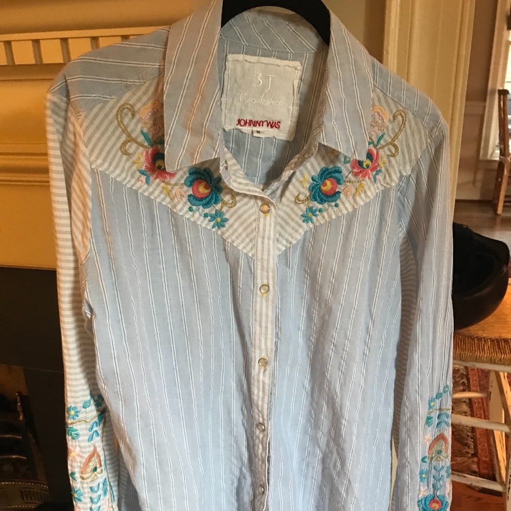 Johnny Was 3J Workshop Stripe Embroidered Blouse